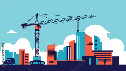 Urban construction site scene with a large blue crane building modern skyscrapers in orange and teal colors.
