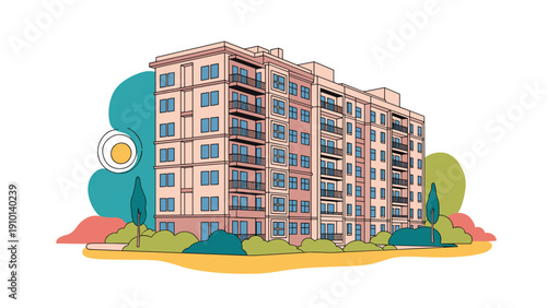 Modern multi story apartment building with balconies featuring a decorative background with trees and golden sun.