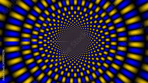 Vibrant blue and yellow radial pattern with black center.