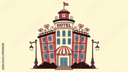 Whimsical red and pink hotel building with heart decorations and a welcome awning in a flat cute illustration.