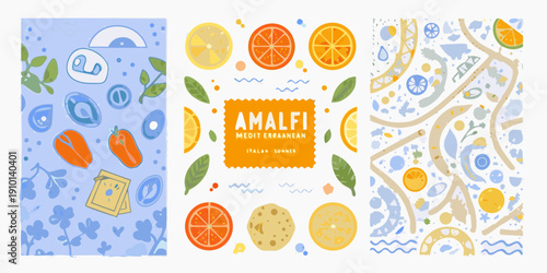 Colorful amalfi coast themed pattern with citrus fruits and foliage