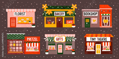 Charming illustrated row of colorful storefronts bakery florist bookshop and more