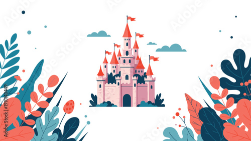 Beautiful pink fairy tale castle with red flags framed by vibrant tropical leaves and soft white fluffy clouds.