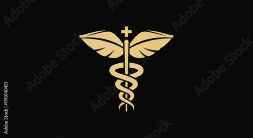 Golden medical symbol with wings and staff on black background representing healthcare and medicine
