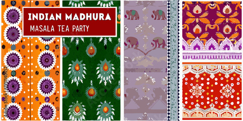 Indian madhura masala tea party packaging with vibrant floral patterns