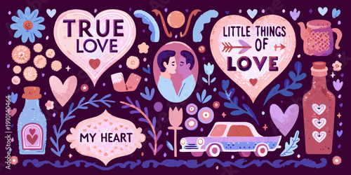 A colorful illustration depicting hearts flowers and loving sentiments