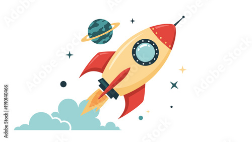 Retro space rocket launching into outer space with a planet and stars in a vibrant colorful cute illustration.