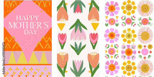 A vibrant retro style mother s day card with floral and geometric designs