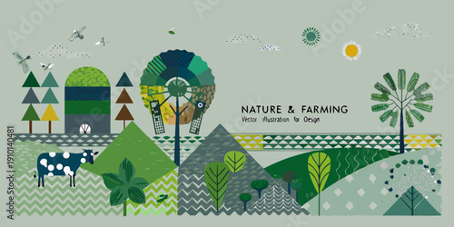 Stylized illustration depicting a peaceful countryside scene with trees and animals