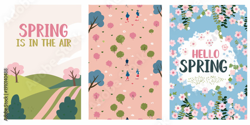 Three vertical spring themed illustrations with floral and text elements