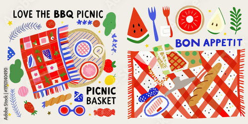 A colorful illustration depicting a picnic with barbecue elements and food
