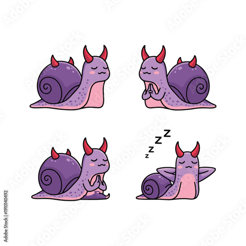 Cute cartoon devil snails showing emotions on white background
