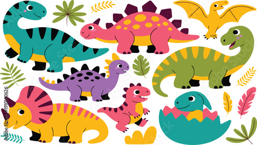Cartoon Dinosaur Vector Set – Cute Baby Dino Triceratops and Brontosaurus Characters