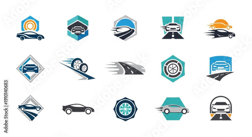 Collection of car logos and icons for automotive industry.