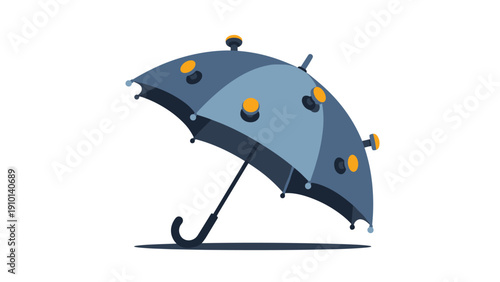 Dark blue umbrella with yellow glowing sensor lights attached on top in a futuristic conceptual illustration.