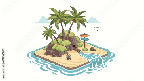 Isolated tropical island illustration featuring palm trees, a small cave entrance, waterfall, and wooden signposts.