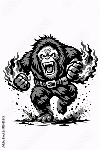 Angry Gorilla Fighter Charging with Flaming Fists – Black & White Ink Mascot Illustration for Esports Logo, Sports Team, Sticker, T-Shirt