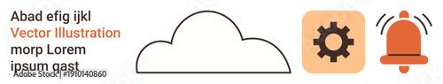 Technology, cloud computing, system alerts, notifications, data management, digital tools. A cloud icon, gear and bell connectivity and notifications. Cloud computing and system alerts