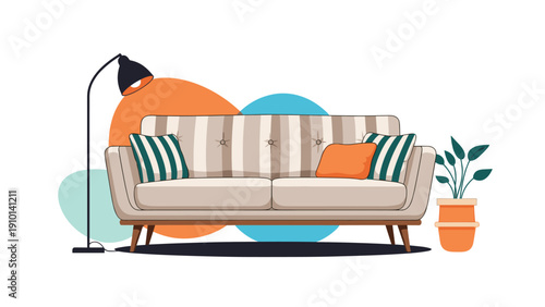 Modern living room interior featuring a striped sofa with orange pillows, a floor lamp, and a potted plant nearby.