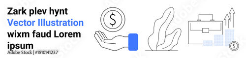 Business planning, financial analysis, investment strategies, economic growth, entrepreneurship, modern economy. Icons include hand with dollar, briefcase and growth chart. Business planning