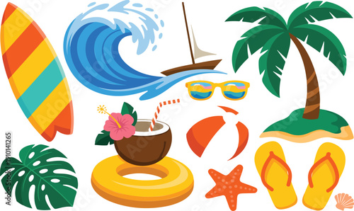 Summer Vacation and Beach Themed Stickers – Travel, Sun, and Fun Icons