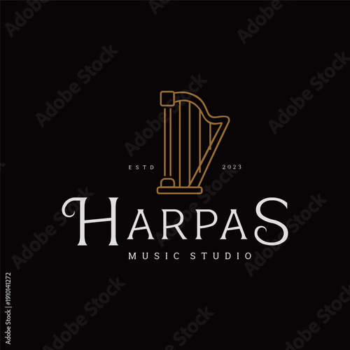 Elegant Golden Greek Harp logo design Lyre Classic Luxury Gold music instrument 