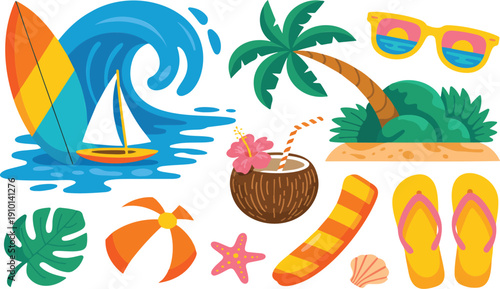 Summer Vacation and Beach Themed Stickers – Travel, Sun, and Fun Icons