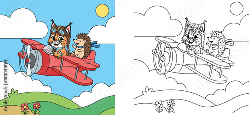 Cute cartoon lynx pilot flying red airplane with happy hedgehog friend, funny animal adventure vector illustration for kids, aviation scene in blue sky with sun and clouds.