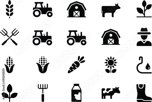 Agricultural Icons Set – Farming Tools, Crops, and Activities on Monochrome Background
