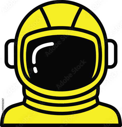 A stylized illustration of an astronaut wearing a yellow and black space suit helmet