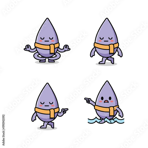 Cartoon water drop characters in yoga poses and life jacket on white background with copy space