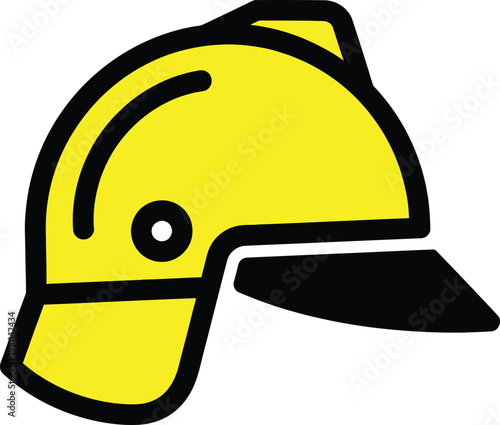 Illustration of a bright yellow firefighter helmet with a black brim and visor