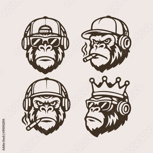 Gorilla Head Mascot Logo Set Vector Illustration