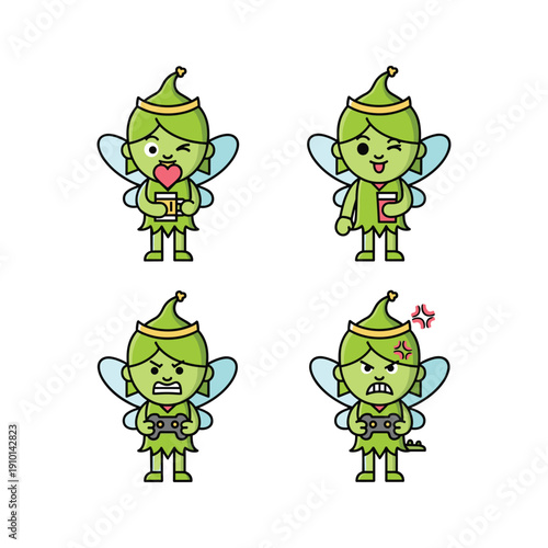 Cartoon green fairies with different emotions on white background