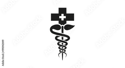 Medical symbol with cross and snake staff on white background for healthcare and medicine concepts