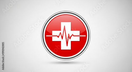 Red medical cross symbol with heartbeat line on white background for healthcare and emergency services
