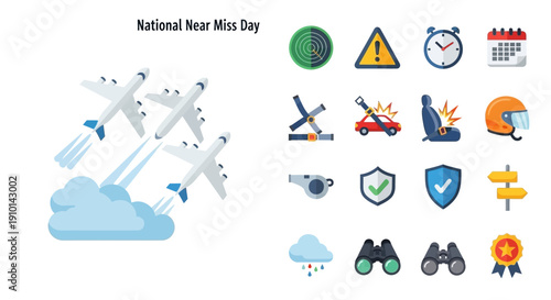 National Near Miss Day illustration featuring airplanes flying through clouds and a collection of safety and warning icons.