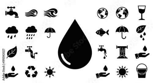 A collection of black and white icons representing water, weather, and environmental themes, centered around a large water drop.