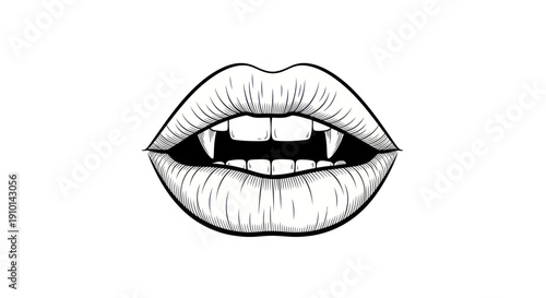 Vampire Lips with Fangs - Black and White Illustration