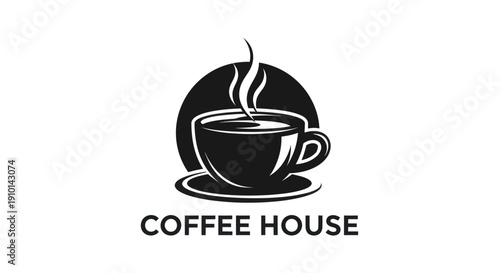 Black and White Coffee House Logo with Steaming Cup and Saucer