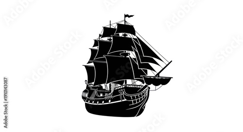 Black Silhouette of a Vintage Sailing Ship with Full Sails