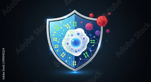 Shield protects against viruses and cyber threats with digital security elements and glowing blue light on dark background