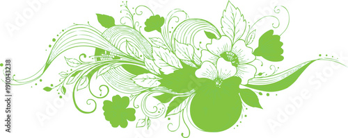 Seamless vector illustration of a green abstract floral background featuring a nature pattern with spring flowers, summer foliage, and garden leaves on a decorative plant branch wallpaper