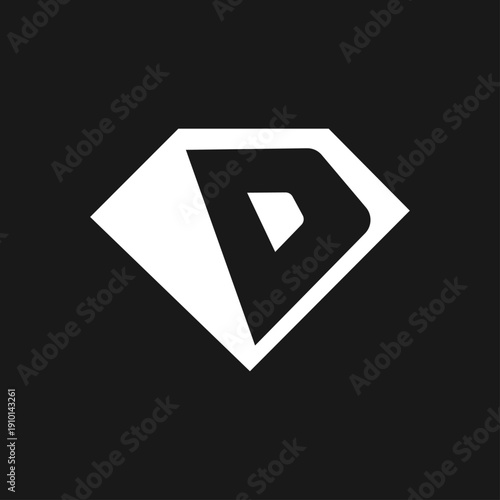 Modern White Letter D Logo within a Diamond Shape on Black Background, Minimalist Geometric Design Icon