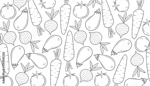 Vegetable Seamless Pattern. Carrot pattern. Tomato pattern. Eggplant seamless patternHand Drawn Outline Vector Background for Packaging