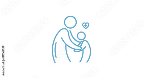 Tender moment of a parent hugging child with heart symbol conveying love and care in a simple line art style on a white background