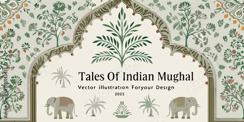 An ornate mughal archway with floral and elephant motifs vector illustration