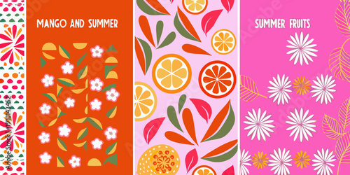 Colorful summer fruit patterns with mango orange and tropical foliage