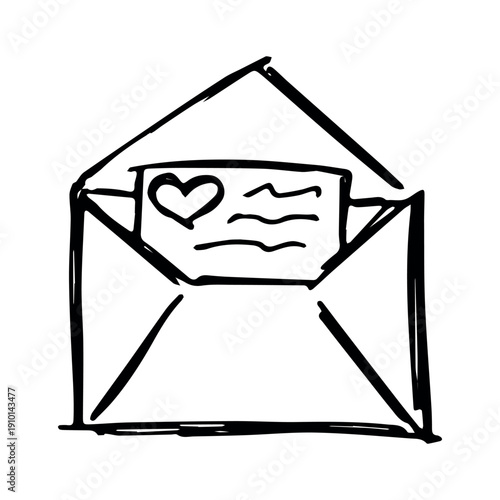 Hand drawn envelope with letter inside Mail and correspondence doodle Love, communication, invitation Single element for design, print, decor