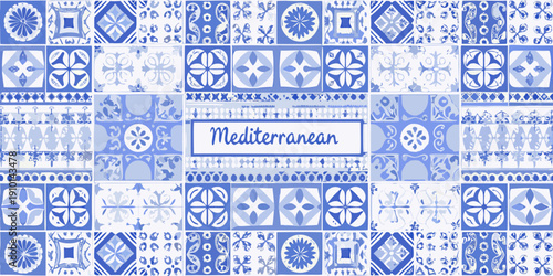 Intricate blue and white tile pattern with mediterranean style text